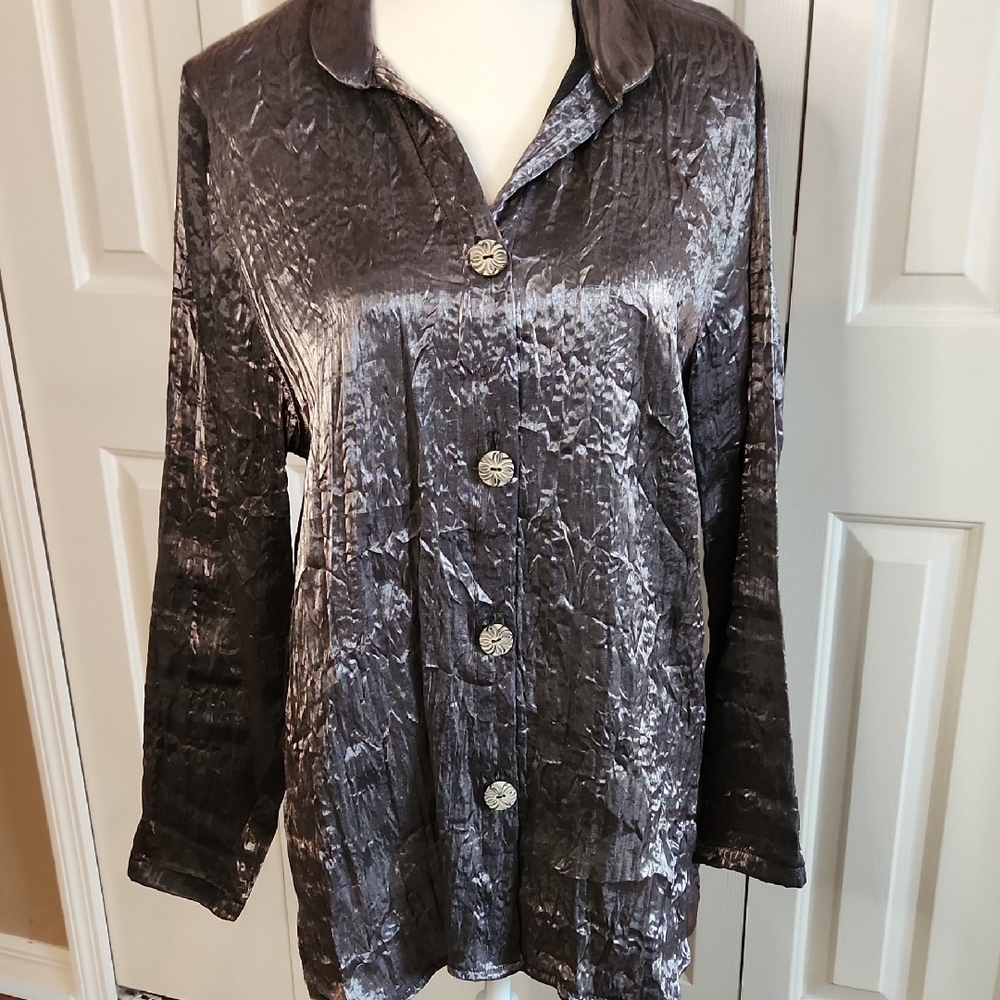 Metallic Crushed Satin Button-Up Blouse - Charcoal Gray L - Picture 1 of 11